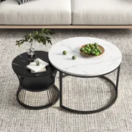 Ławy i stoliki kawowe - Fortuna Lai stolik kawowy 2 w 1 o wyglądzie marmuru zestaw 2 stolików bocznych z półką, Ø 70 x 45/Ø 45 x 40 cm, metalowa rama, czarny - miniaturka - grafika 1