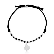 Bransoletki - Bransoletka czarny sznurek koniczynka, kulki, kółko srebro pr. 925 - miniaturka - grafika 1