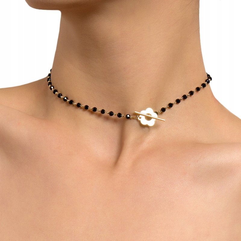 Naszyjnik Czarny Choker Koraliki Boho Krótki Kwiatek Złoty