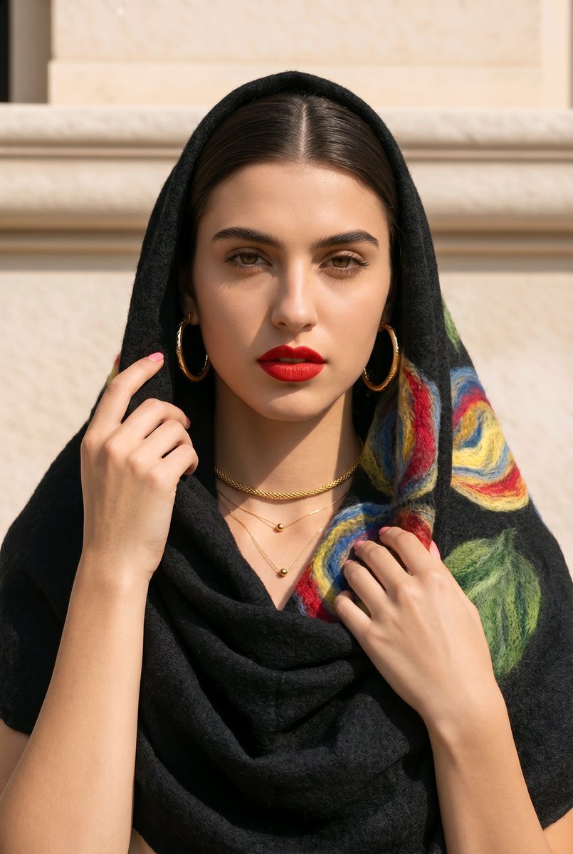 Czarny komin haftowany wełną Merino