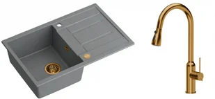 Quadron Zlewozmywak granitowy jednokomorowy 78*50*22 cm z ociekaczem MORGAN 111 SILVER STONE z miedzianym odpływem z baterią JESSICA Q LINE z wyciąganą wylewką i funkcją prysznica kolor miedziany - Zlewozmywaki z baterią - miniaturka - grafika 1
