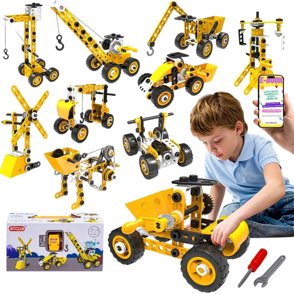 DUŻY ZESTAW KONSTRUKCYJNY DLA DZIECI KLOCKI + NARZĘDZIA BUDUJ AUTA, DŹWIGI, WYŚCIGÓWKI PREZENT NA URODZINY ŚWIĘTA + EBOOK