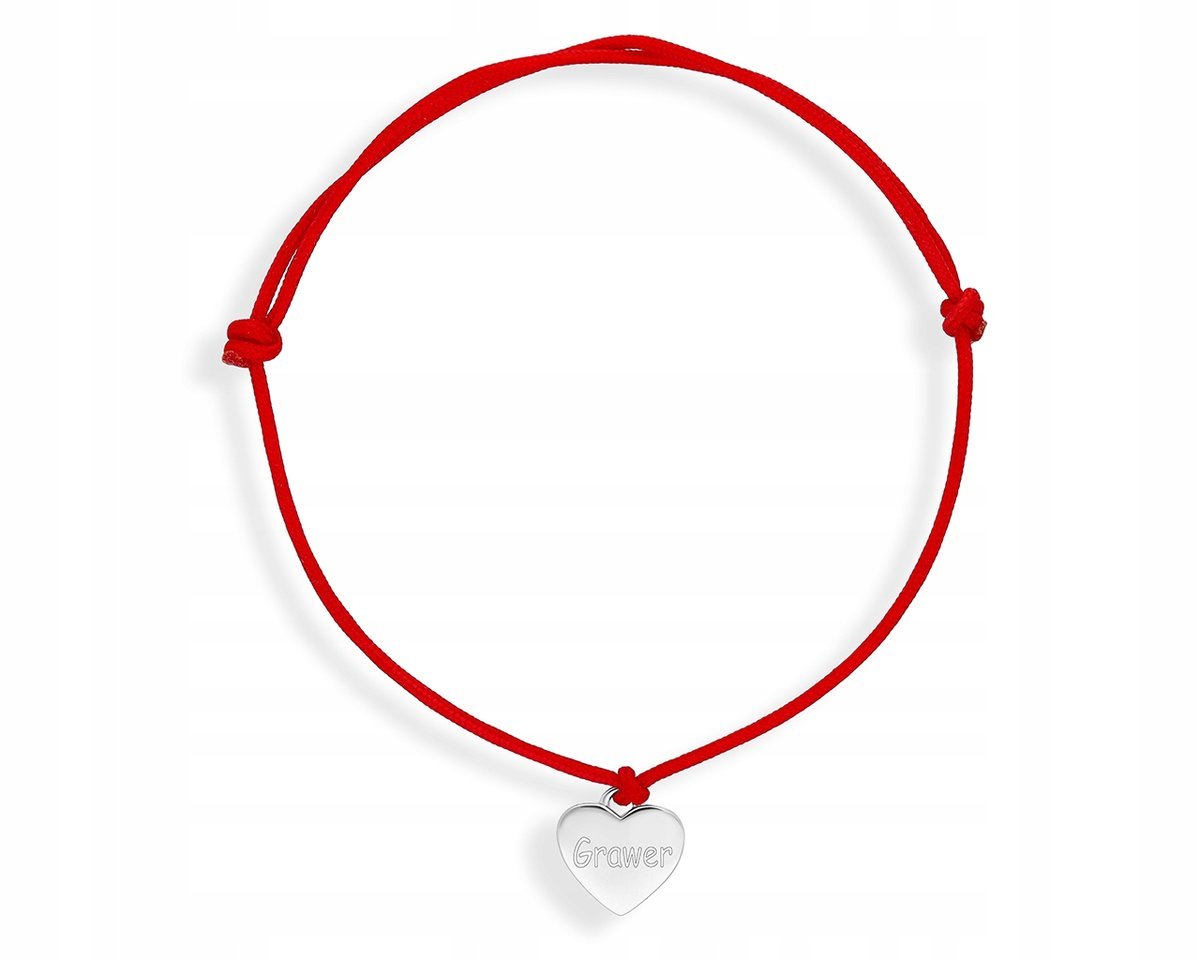 Bransoletka Na Sznurku Serce + Grawer Gładkie Wiszące Damska Srebro pr.925