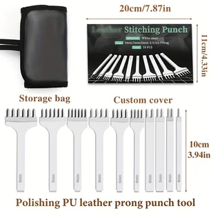TEMU 10 szt. Dziurkacze do skóry, różne rozmiary, biały stal 1/2/4/6 Prong Skórzany kowadło z torbą do przechowywania do DIY - Rękodzieło - miniaturka - grafika 1