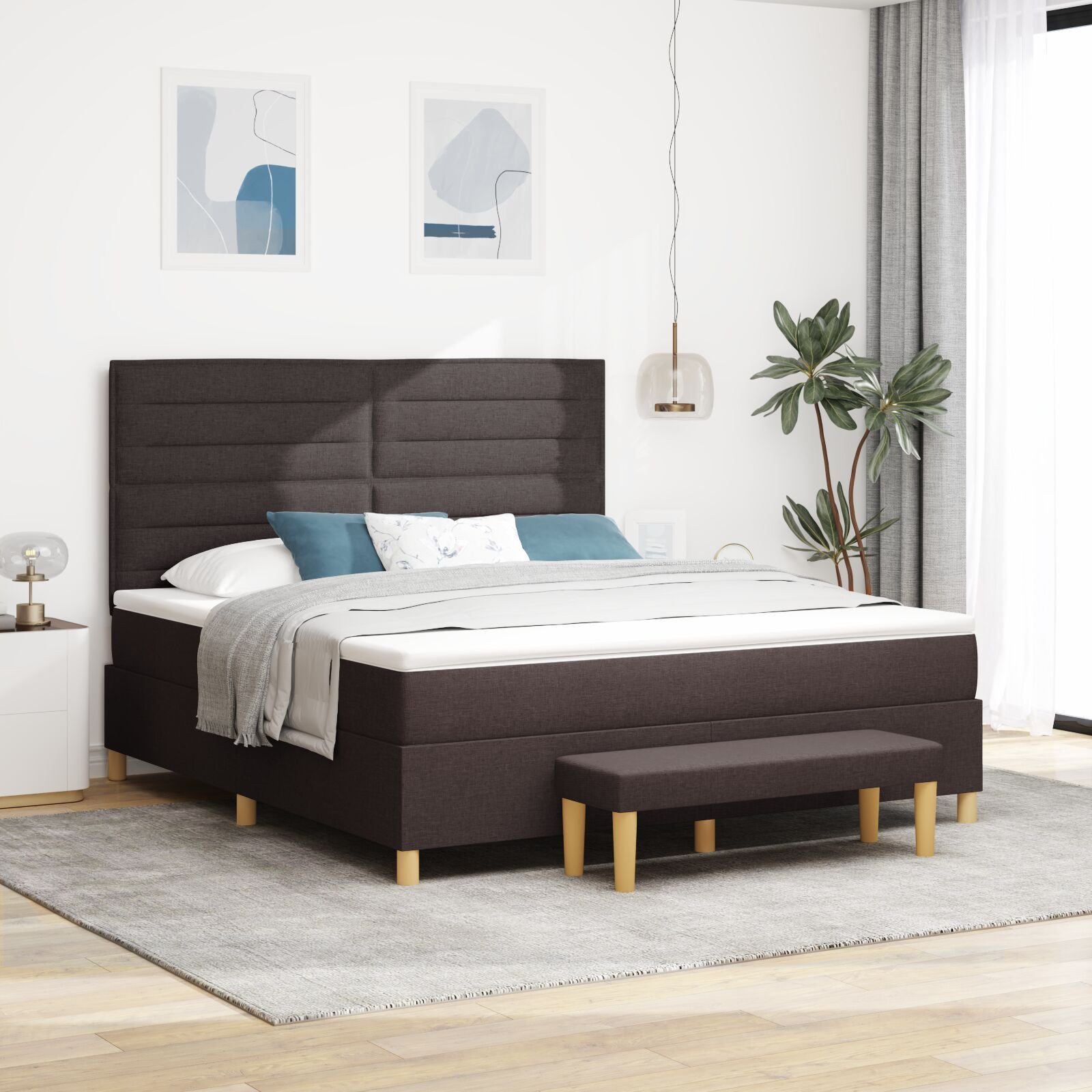 Łóżko Box Spring z materacem i ławeczką ciemno brązowe 180x200 cm materiał