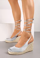 Sandały damskie - Szare Satynowe Sandały w Stylu Espadryli na Plecionym Koturnie Fasoise - miniaturka - grafika 1