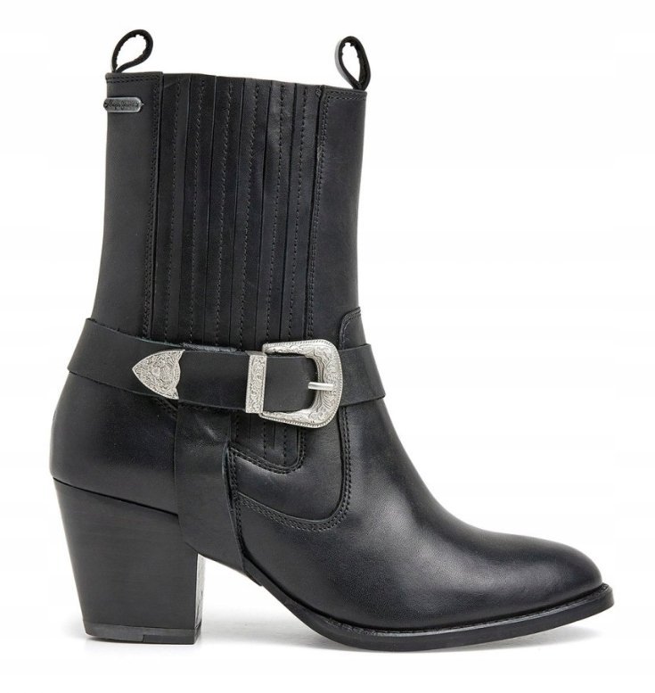 Pepe Jeans Czarne Botki na Słupku z Klamrą Skórzane 41 Awe