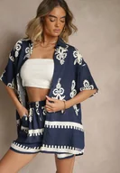 Komplety damskie - Granatowy Komplet z Rustykalnym Wzorem z Szortami i Koszulą Tosnea - miniaturka - grafika 1