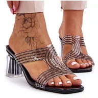 Klapki i japonki damskie - S.Barski Klapki Na Obcasie Z Dżetami Czarne Jaxen - miniaturka - grafika 1