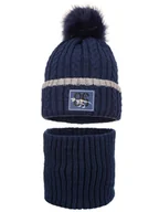 Czapki damskie - Chłopięcy komplet zimowy czapka i komin dinozaur granatowy Ambra r.46/48 - miniaturka - grafika 1