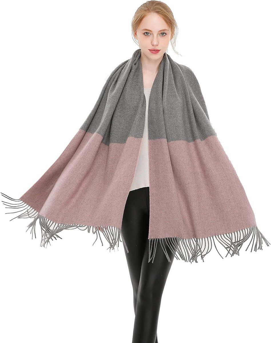 Szalik damski Szal chusta z frędzlami STORY OF SHANGHAI szary-różowy 195x70