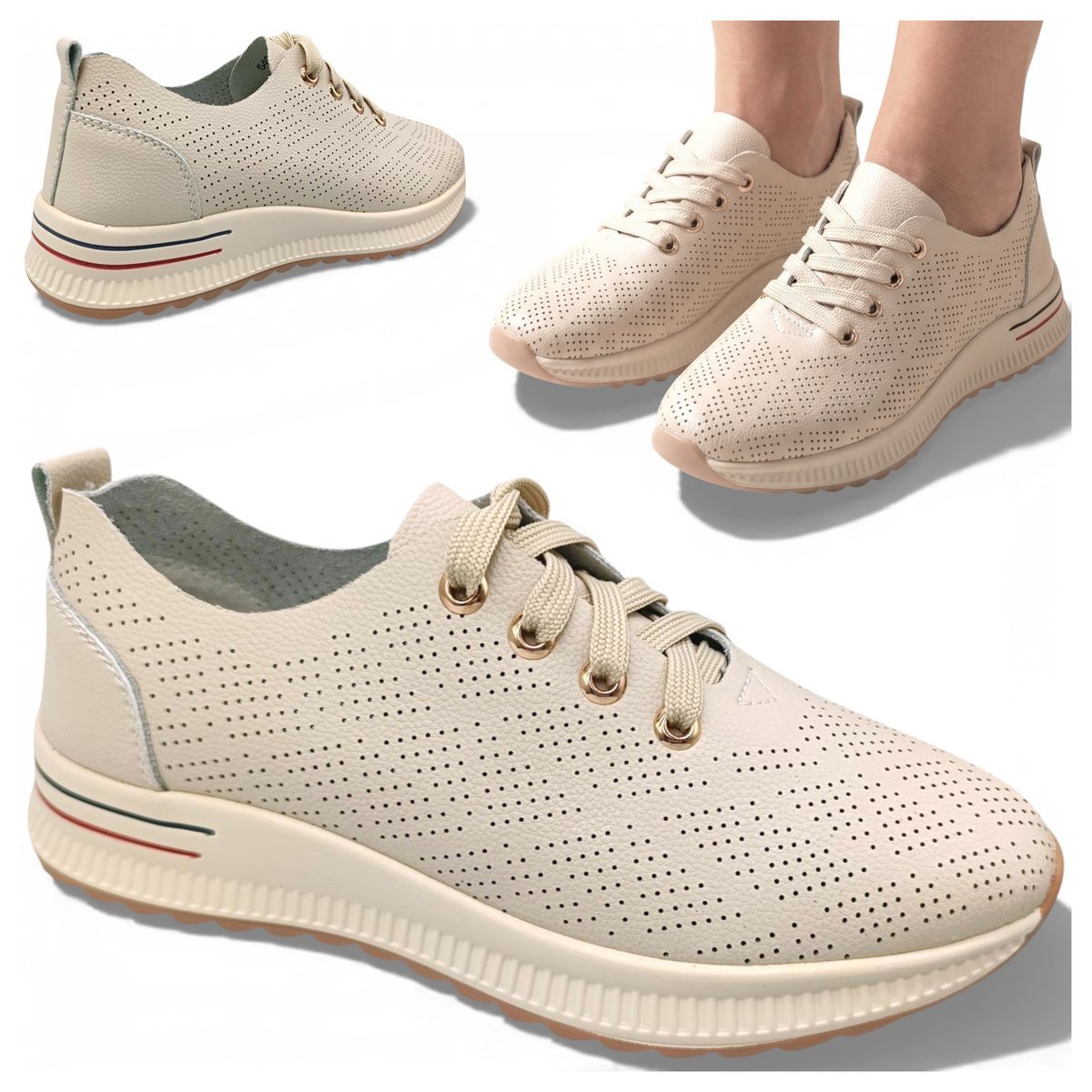 Sneakersy Damskie SKÓRZANE Wygodne Półbuty Beżowe Modne Letnie Artiker 38