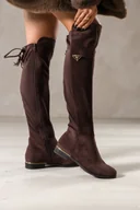 Kozaki damskie - Czekoladowe kozaki damskie płaski obcas ze złotą wstawką elastyczna cholewka z wiązaniem i chwostami złota ozdoba Casu NW2409-7 - miniaturka - grafika 1