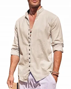 Koszula Męska Bawełna Len Stójka Na Lato Przewiewna Lniana Island Vibes r.M - Koszule męskie Koszula Męska Bawełna Len Stójka Na Lato Przewiewna Lniana Island Vibes r.M - Koszule męskie - miniaturka - grafika 1