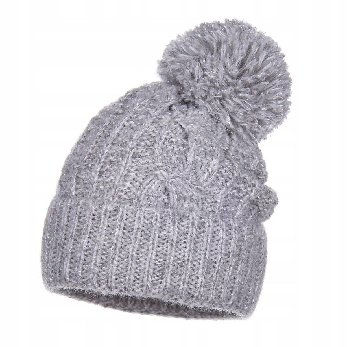 Czapka Damska Zimowa Z Pomponem Wywijana Angora 8% Wełna 5% Wełniana Szara
