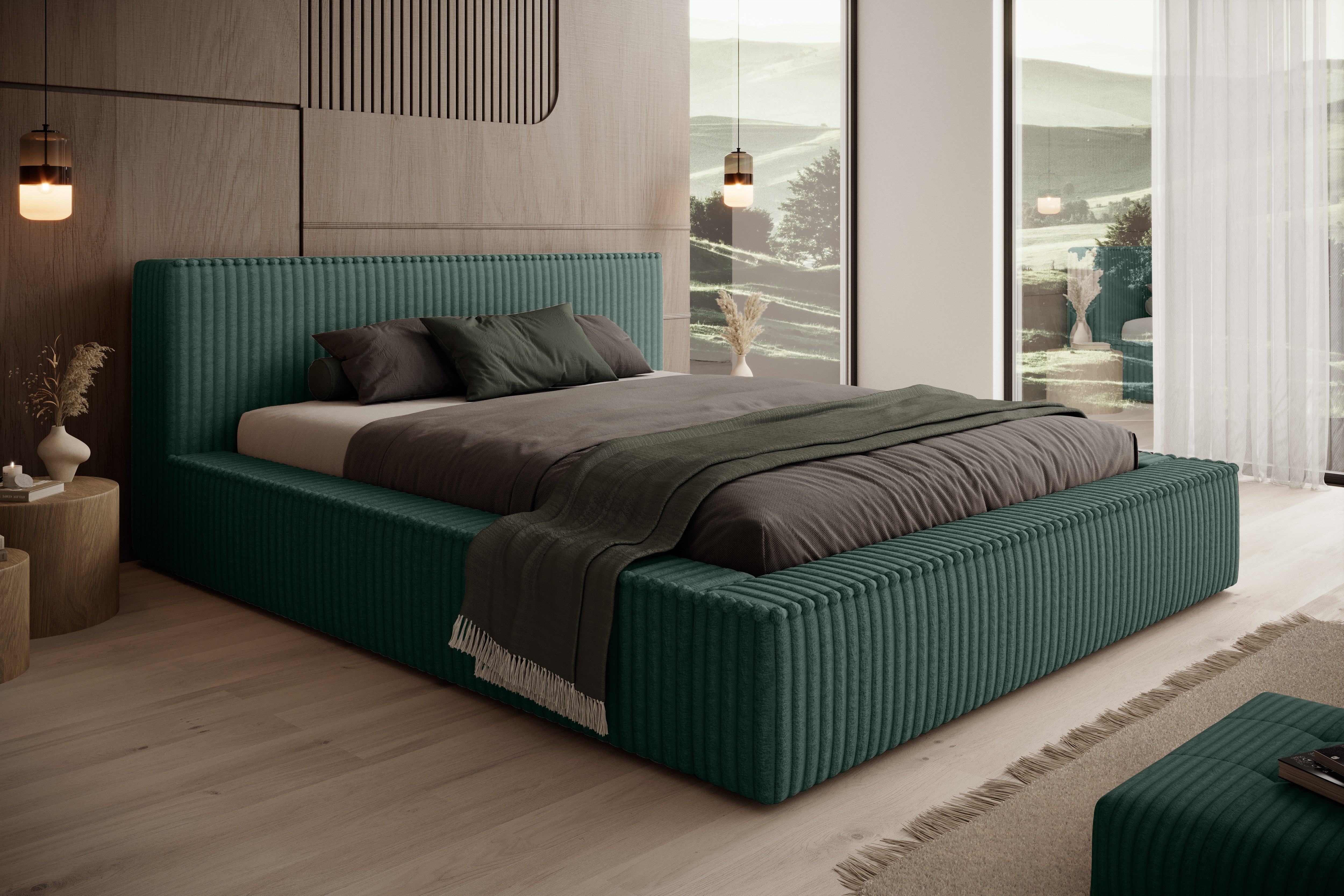 Besilio Möbel - Łóżko podwójne 200x200 Mozna - podstawa łóżka, szerokie ściany boczne, gruba tapicerka. - Green & Tilia 39