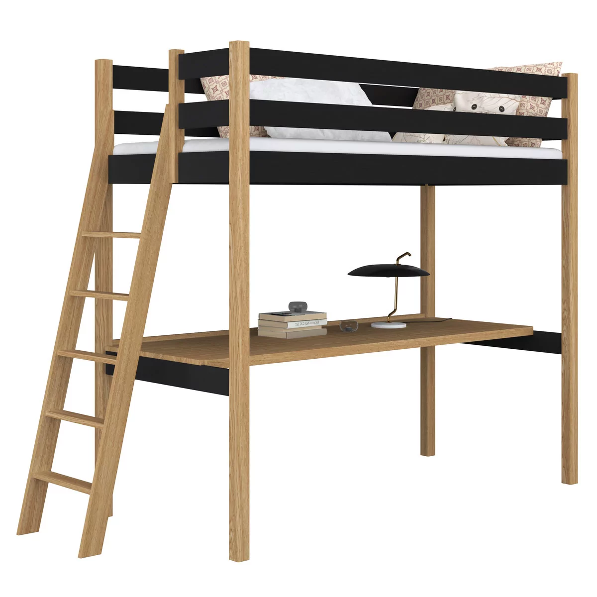 Drewniane łóżko na antresoli z biurkiem N02 czarno dębowy 90x200