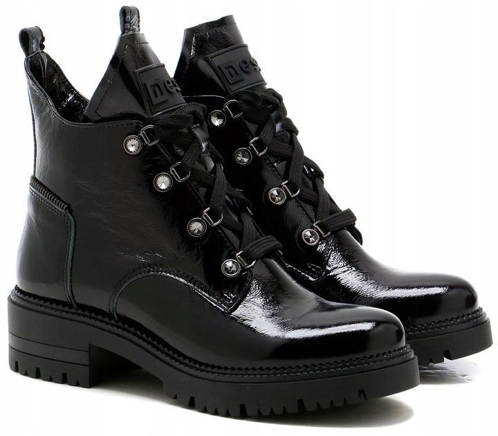 Czarne Botki Damskie Workery Trapery Nessi 24704 Skóra Lakierowana Modne