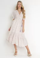 Sukienki - Różowo-Miętowa Sukienka z Gumką w Pasie i Kopertowym Dekoltem z Falbankami Kyphine - miniaturka - grafika 1