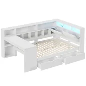 Łóżka dla dzieci i młodzieży - Łóżko dziecięce 140x200 cm - z biurkiem i Regał - z oświetleniem LED - z 2 szufladami - tapicerowany zagłówek, kolor biały (bez materaca) - miniaturka - grafika 1