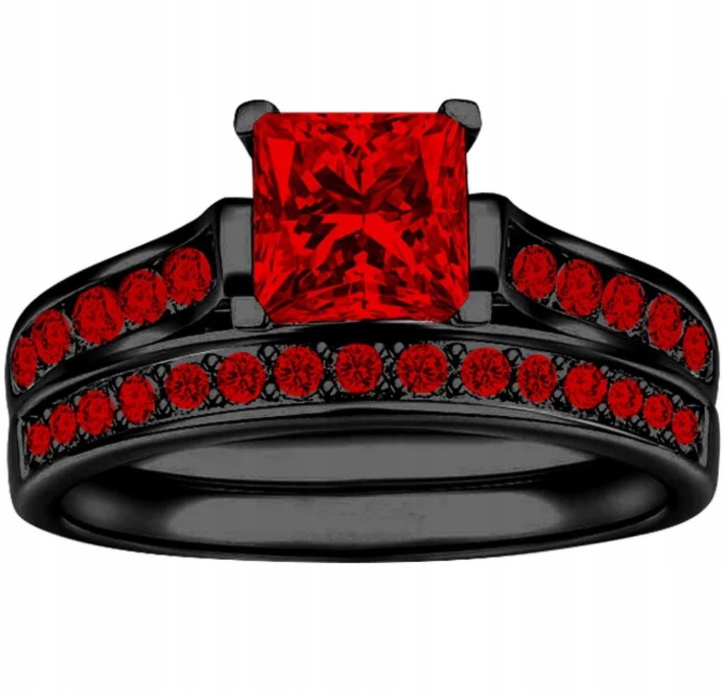 Pierścionek z Rubinami Poduszka Cubic Czarny Podwójny Stal Chirurgiczna