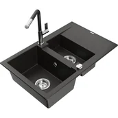 Zlewozmywaki z baterią - Mexen Gaspar zlewozmywak granitowy 1,5-komorowy z ociekaczem i baterią kuchenną Flora, czarny/złoty metalik - miniaturka - grafika 1