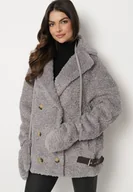 Płaszcze damskie - Szara Futrzana Kurtka Płaszcz Dwurzędowy z Dołączonymi Rękawiczkami Hetista - miniaturka - grafika 1