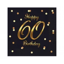Serwetki Happy 60 Birthday czarne 33x33cm 20szt - Godan - Folia, papier śniadaniowy, serwetki - miniaturka - grafika 1