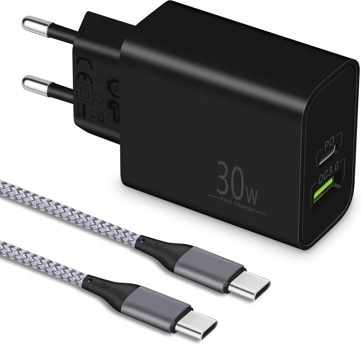 Ładowarka szybka 30W USB-C kabel 2m PD 3.0 QC do telefonów tabletów