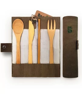BAMBAW Zestaw Sztućców z Organicznego Bambusa w Bawełnianej Pochewce, Zero Waste, Bambaw - Zestawy sztućców - miniaturka - grafika 1