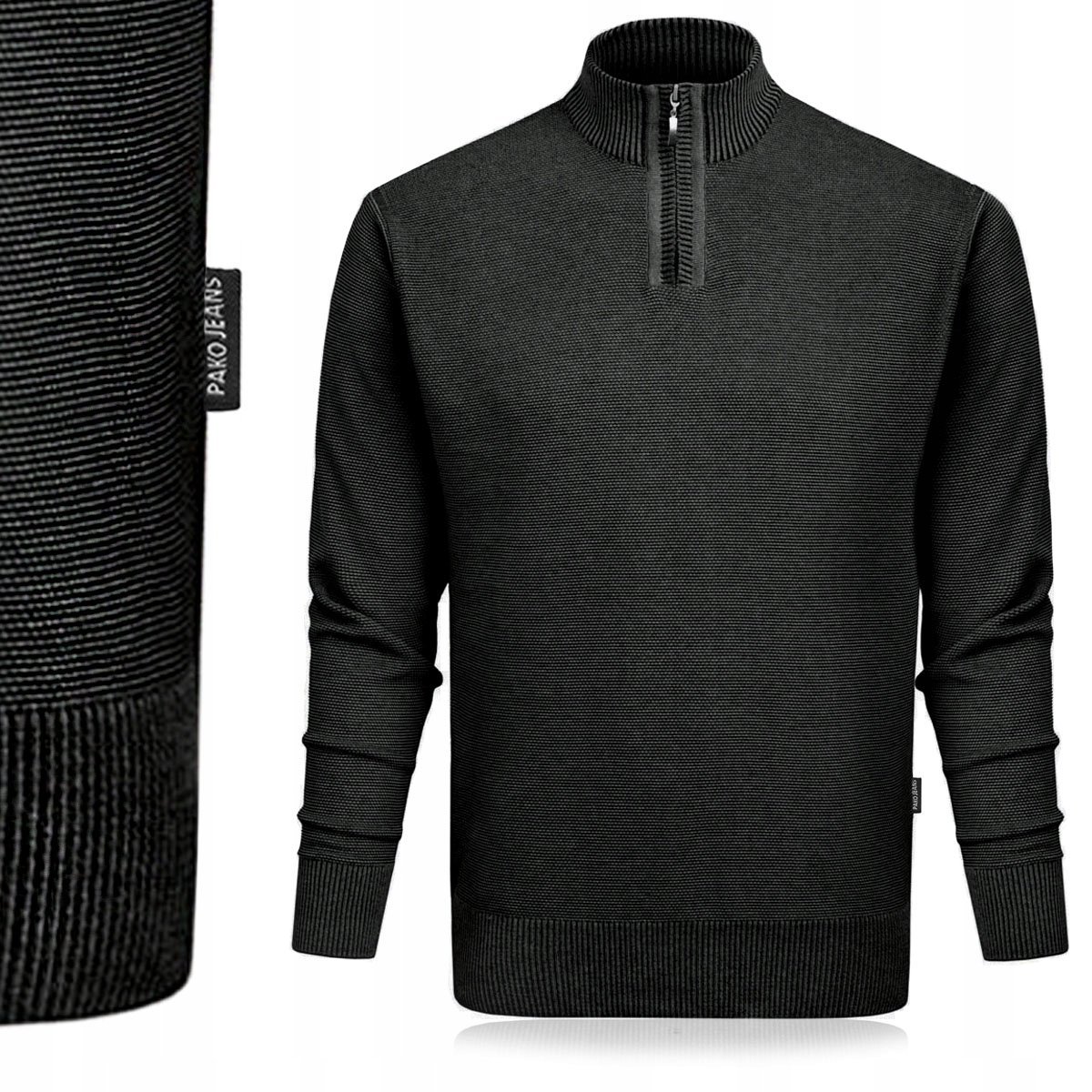 Elegancki SWETER Męski z Rozpinanym Półgolfem na Suwak Modny CZARNY M