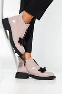 Botki damskie - Beżowe botki skórzane damskie lakierowane na ozdobnej podeszwie ozdoba z koralików Casu SL24X7-N-38 - miniaturka - grafika 1