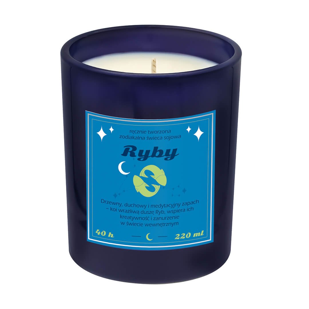 Świeca zodiakalna sojowa naturalna zapachowa RYBY - bezpieczna, ręcznie robiona w szklanym słoiczku na prezent upominek dla osoby ze znakiem zodiak..