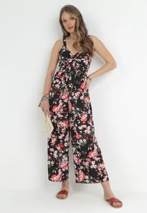 Czarny Kombinezon w Kwiaty z Ozdobnym Wiązaniem Freewild - Kombinezony - miniaturka - grafika 1