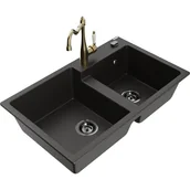 Zlewozmywaki z baterią - Mexen Tomas zlewozmywak granitowy 2-komorowy z baterią kuchenną Carla, czarny/złoty metalik - miniaturka - grafika 1
