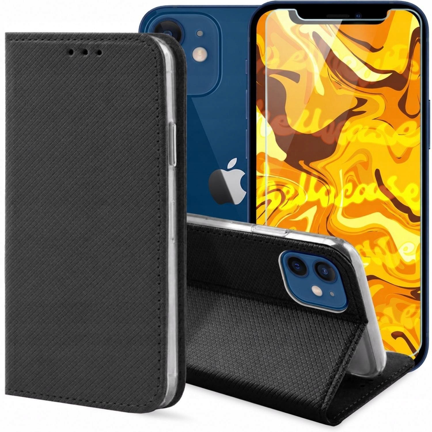 Hello Case Etui z Klapką do Apple iPhone 12 Mini Czarne Zamykane Kabura + Szkło BNDL1225