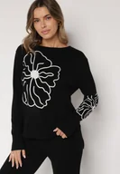 Swetry damskie - Czarny Sweter Ozdobiony Haftowanymi Kwiatami Halatusea - miniaturka - grafika 1