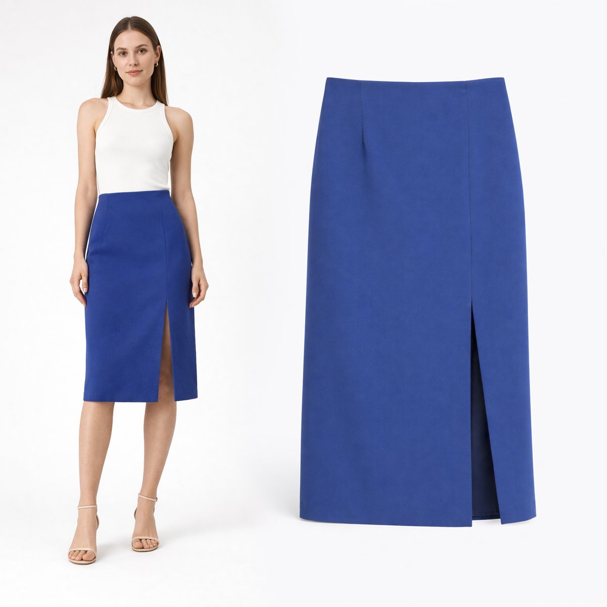 Spódnica Damska Ołówkowa Za Kolano Z Rozcięciem Midi Granatowa EDAN L