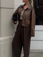 Kurtki damskie - Krótka skórzana marynarka damska z otwieranym kołnierzem - Brązowy S - miniaturka - grafika 1