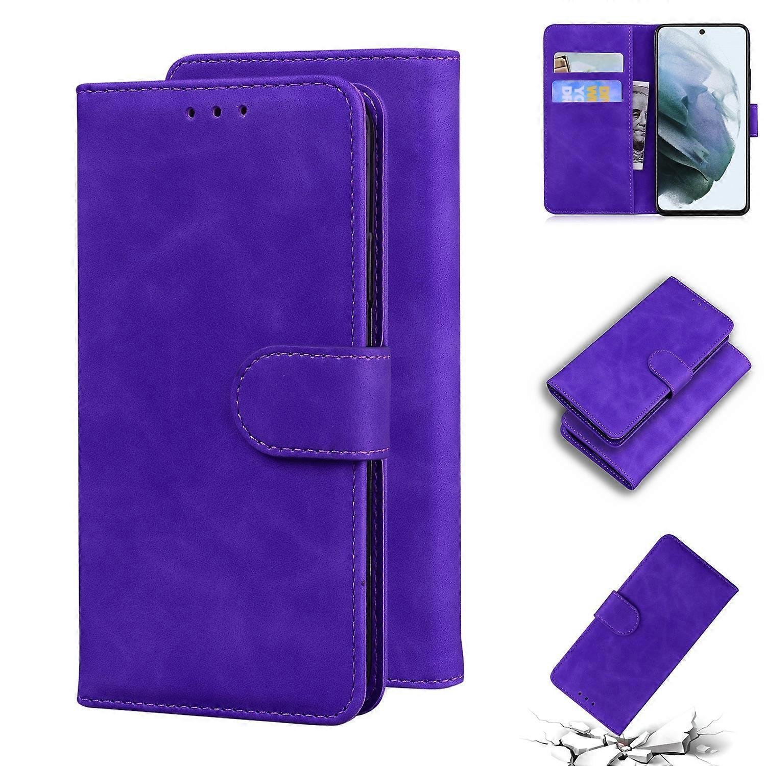 Do Samsung Galaxy S21 FE 5G Skin Feel Pure Color Skórzane etui na telefon z klapką Fioletowy