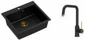 Zlewozmywaki z baterią - Quadron Zlewozmywak granitowy jednokomorowy 57*50*22 cm MORGAN 110 PURE CARBON czarny ze złotym odpływem z baterią NATALIE Q LINE PURE CARBON kolor czarny mat/wykończenie złote - miniaturka - grafika 1
