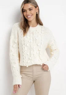 Jasnobeżowy Sweter z Wełną i Bawełną Ozdobiony Grubym Splotem Numike - Swetry damskie - miniaturka - grafika 1