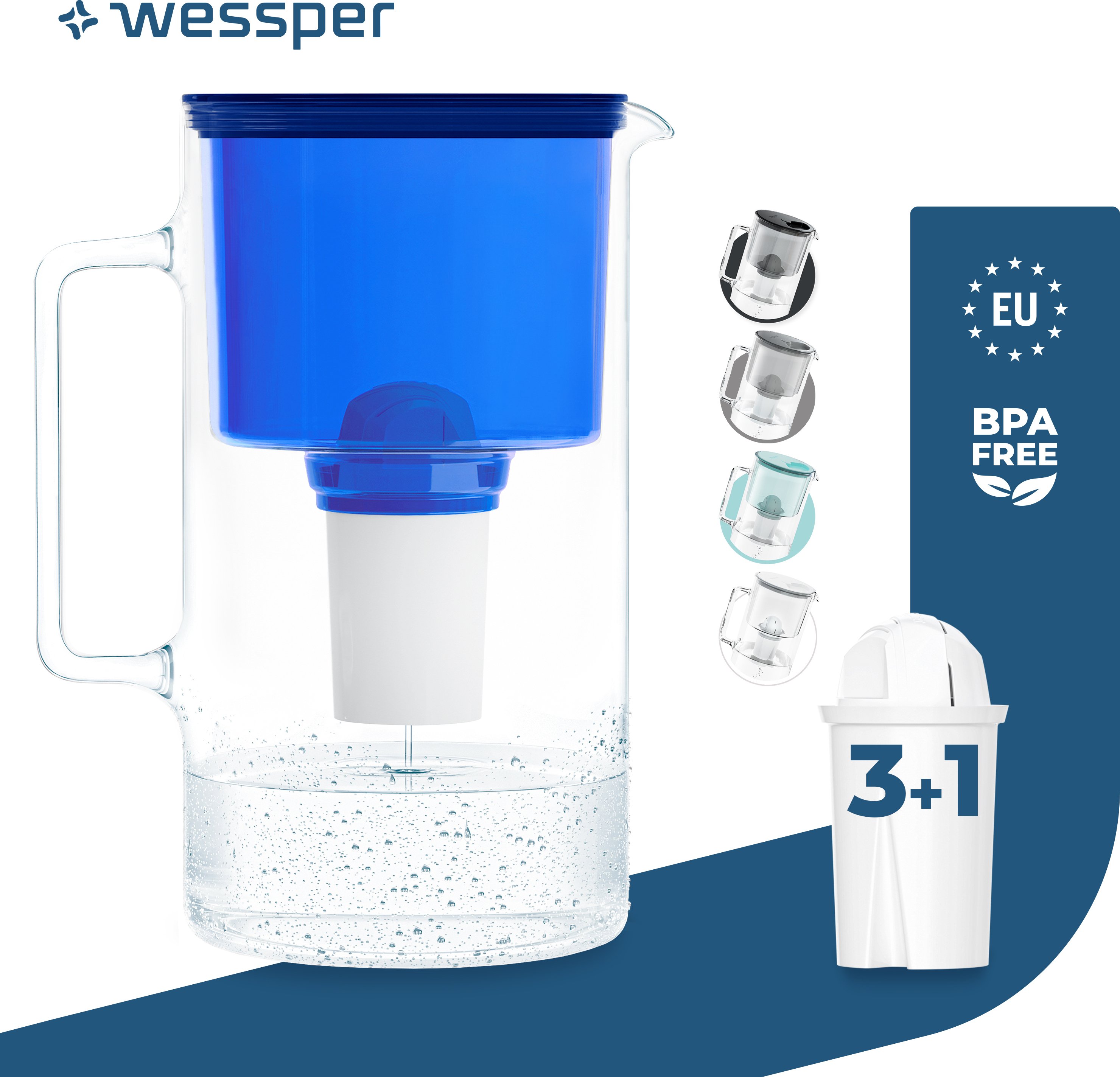 Dzbanek filtrujący wodę Wessper wykonany ze szkła 3 L Niebieski Kompatybilny z wkładami filtrującymi Brita Classic Zawiera 4 wkłady filtrujące wodę