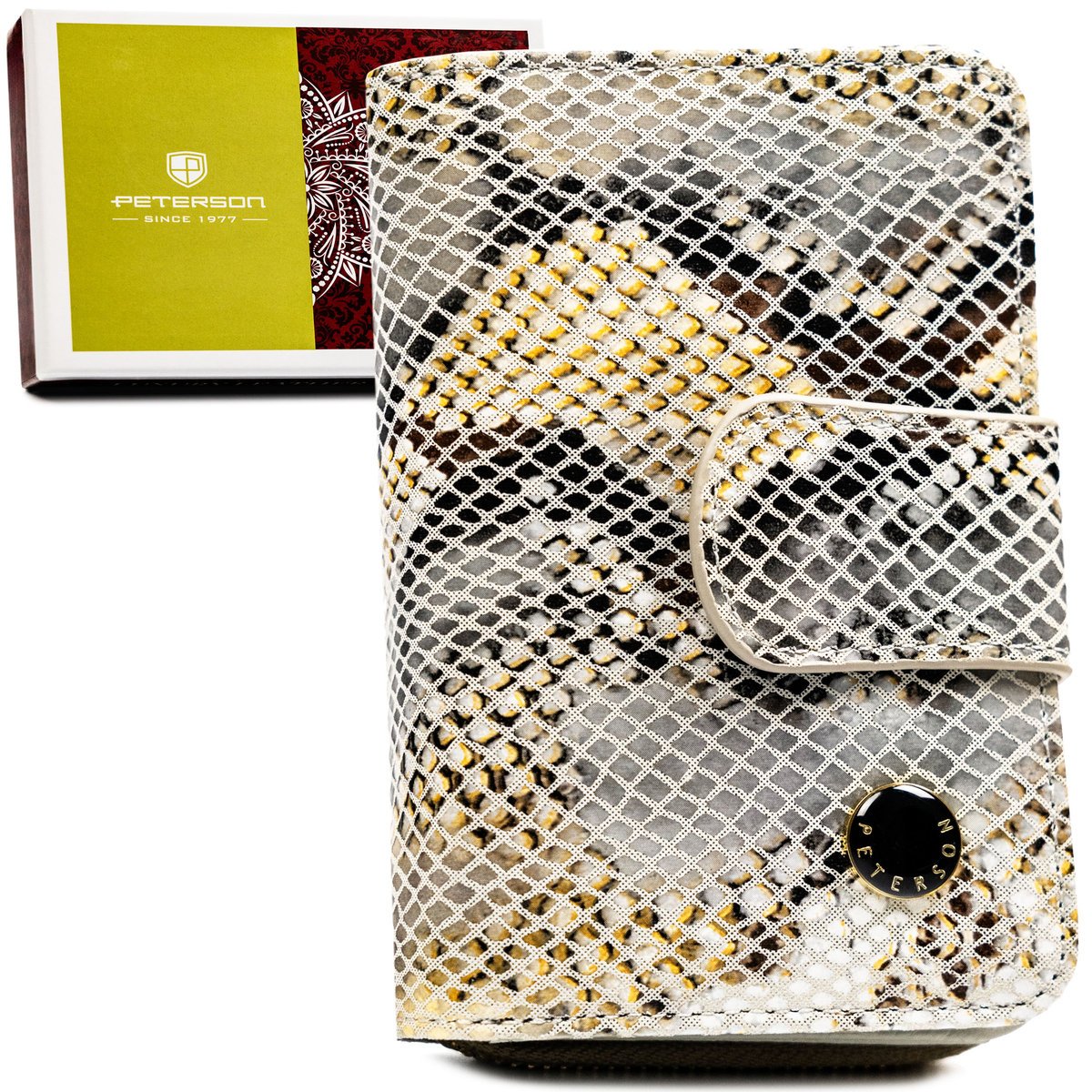 Skórzana beżowa portmonetka na zatrzask bigiel i suwak PETERSON mały portfel damski pionowy rozbudowany na karty i bilon pudełko prezentowe ochrona ..