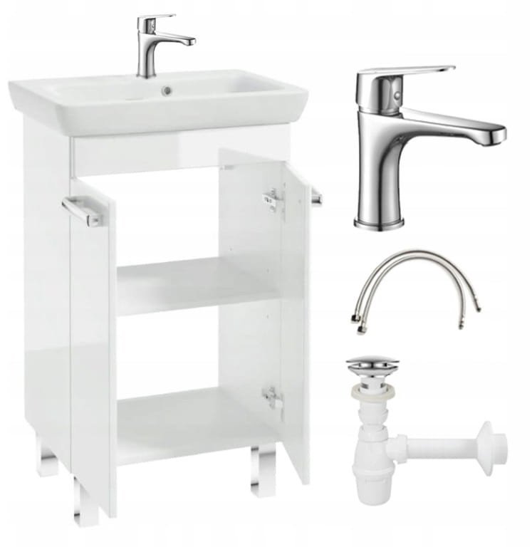 Szafka łazienkowa z umywalką biały połysk stojąca 55x85 Capri z baterią chrom wydłużoną