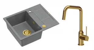 Quadron Unique Zlewozmywak granitowy jednokomorowy 62*50*22 cm z ociekaczem MORGAN 116 SILVER STONE z syfonem Push-2-Open w kolorze złotym z baterią NATALIE Q LINE kolor złoty - Zlewozmywaki z baterią - miniaturka - grafika 1