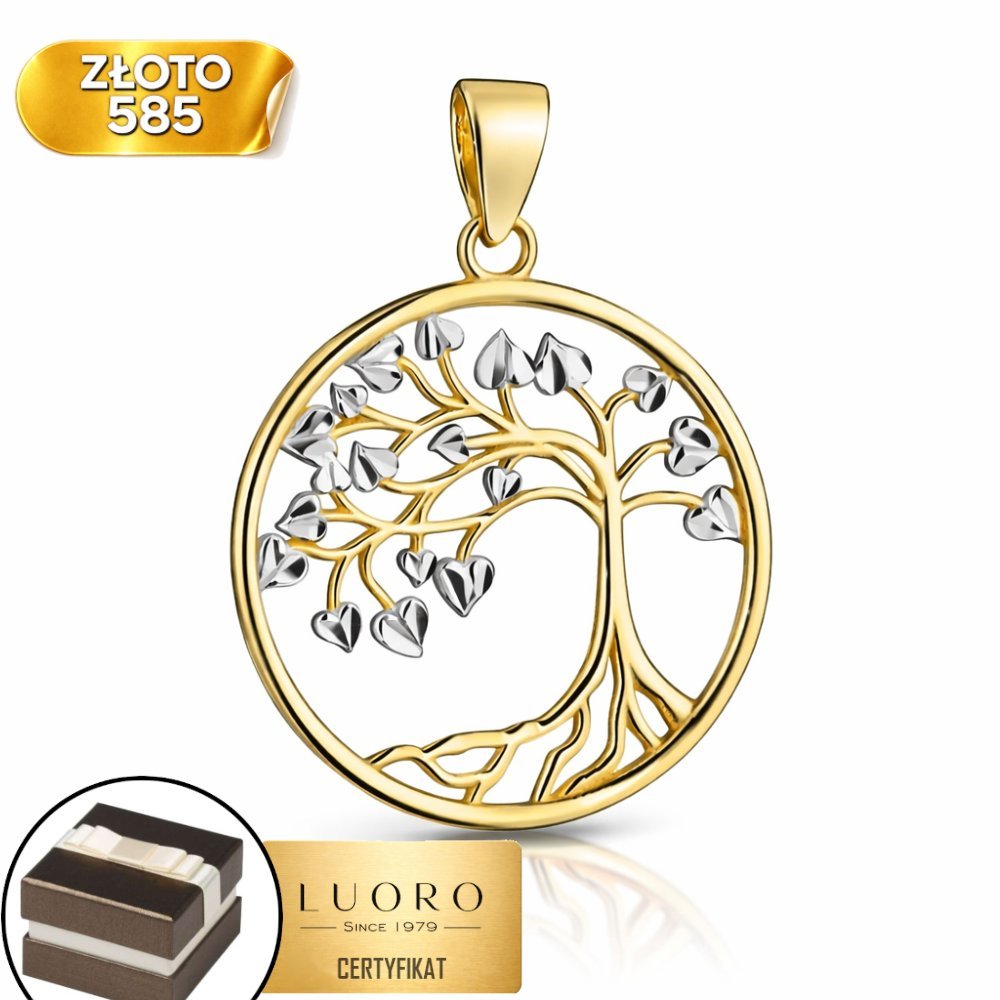 ZAWIESZKA ZŁOTA 585 14K DRZEWKO SZCZĘŚCIA ŻÓŁTE BIAŁE ZŁOTO 24,5 MM