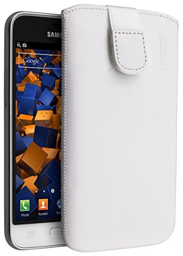 mumbi prawdziwe skórzane etui na telefon Samsung Galaxy J1 (2016), białe etui (klapka z funkcją wyciągania)