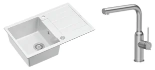 Quadron Unique Zlewozmywak granitowy jednokomorowy 78*50*22 cm z ociekaczem MORGAN 111 SNOW WHITE z syfonem Push-2-Open w kolorze stalowym z baterią ANGELINA Q LINE z wyciąganą wylewką kolor stal szczotkowana - Zlewozmywaki z baterią - miniaturka - grafika 1