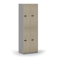 Szafki biurowe - Drewniana szafka skrytkowa, 4 schowki, zamek mechaniczny z kodem, szary/dąb naturalny - miniaturka - grafika 1